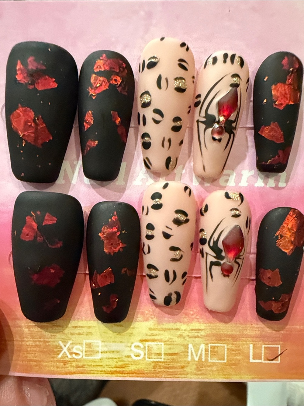 Matte Black and red handmade acrylic press on nails with spider accent